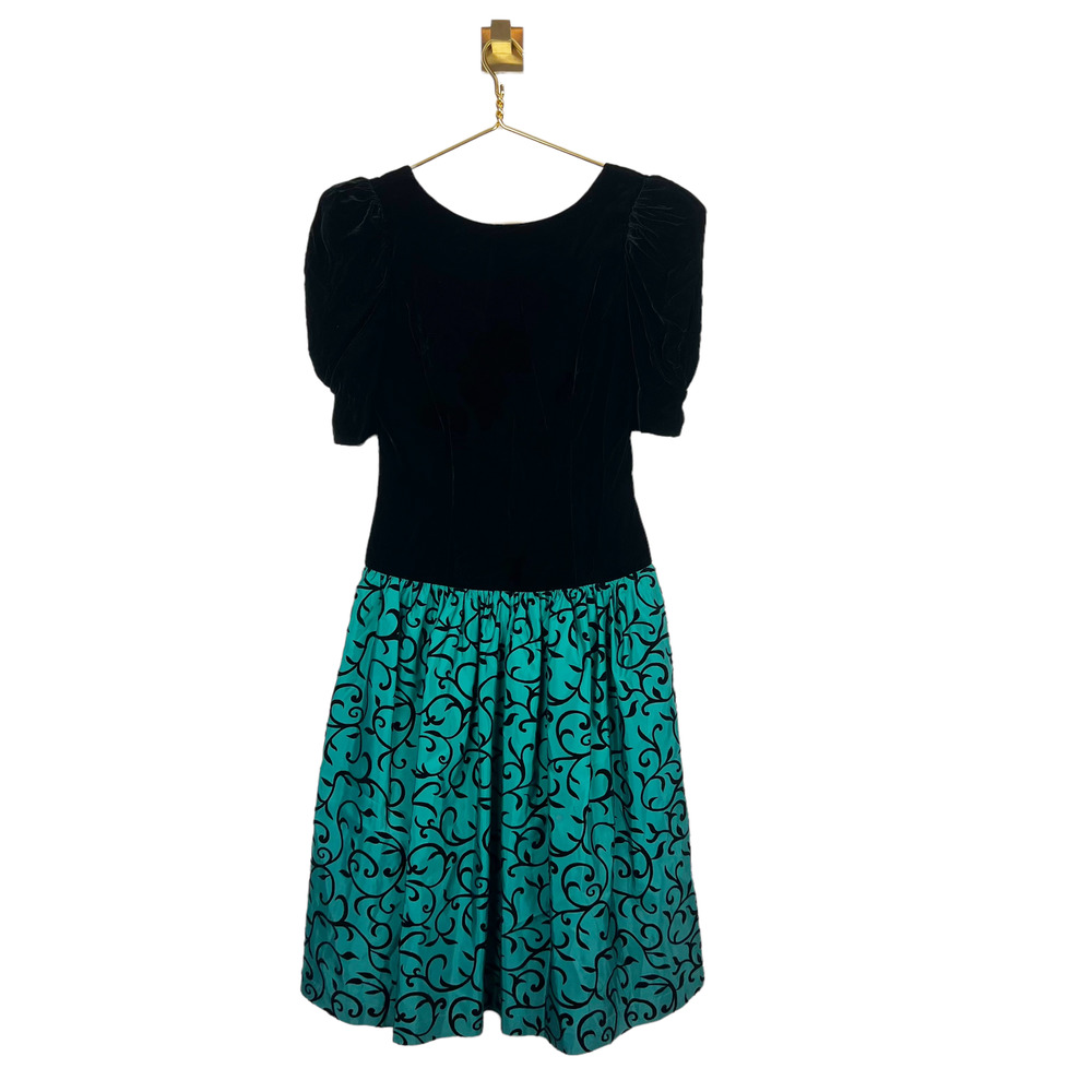 Vintage 80s Black Velvet & Green Taffeta Party Dress Puff Sleeve Prom Sz 4 S